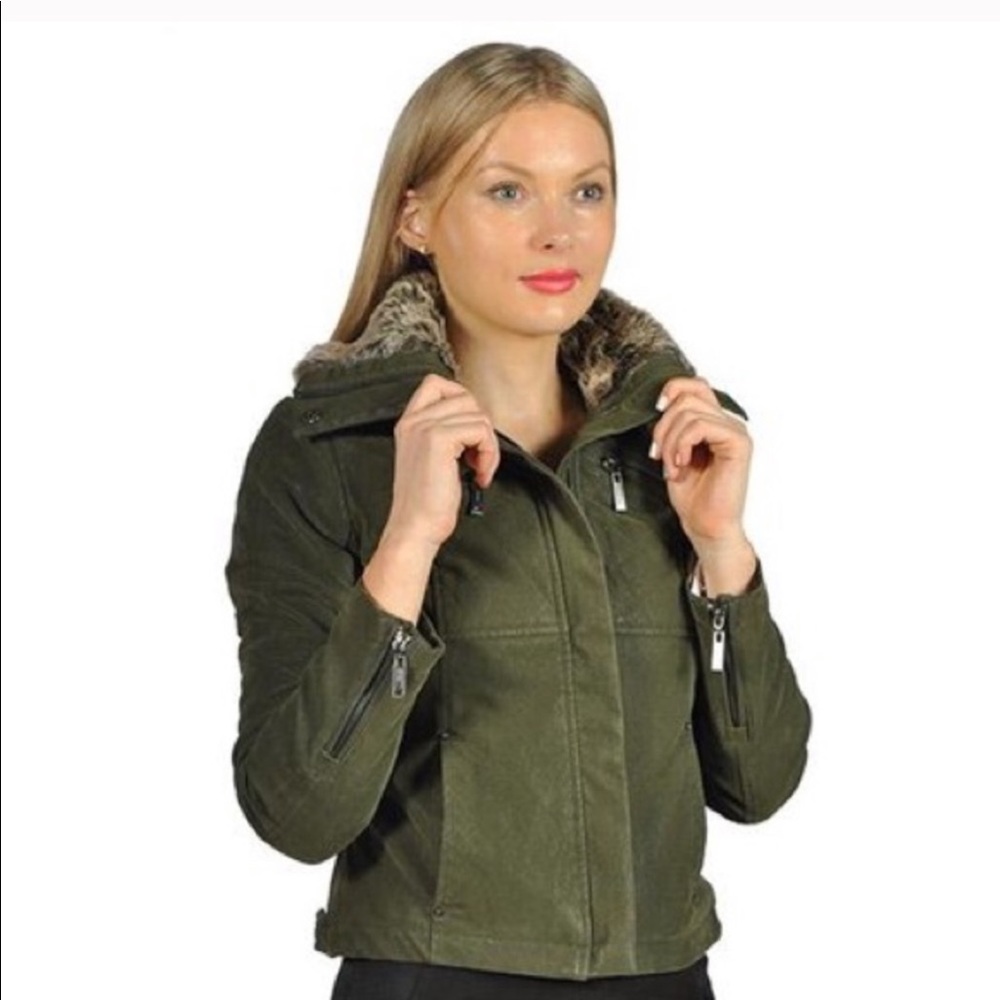 JOUJOU Army Green Faux Fur Collar Jacket